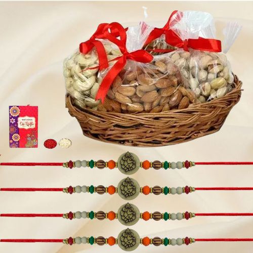 Traditional Set of 4 Ganesh Rakhi with Dry Fruits Basket