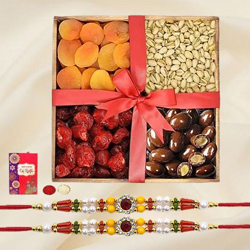 Attractive Twin Rakhi Set with Dry Fruits Tray Roli Tika n Card