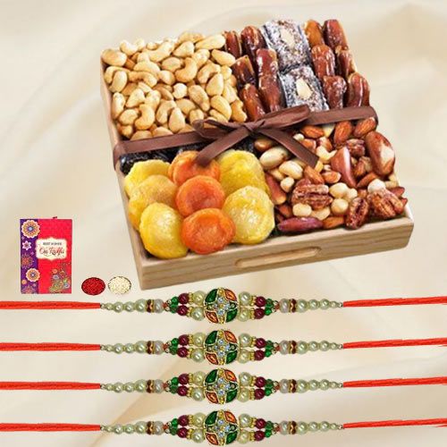 Dazzling Set of 4 Stone Rakhi with Assorted Dry Fruits Tray