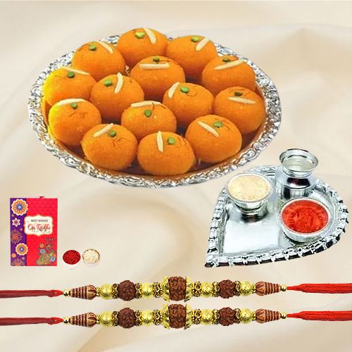 Exquisite Rudraksha Rakhi N Haldiram Motichur Laddoo Roli Tika N Card