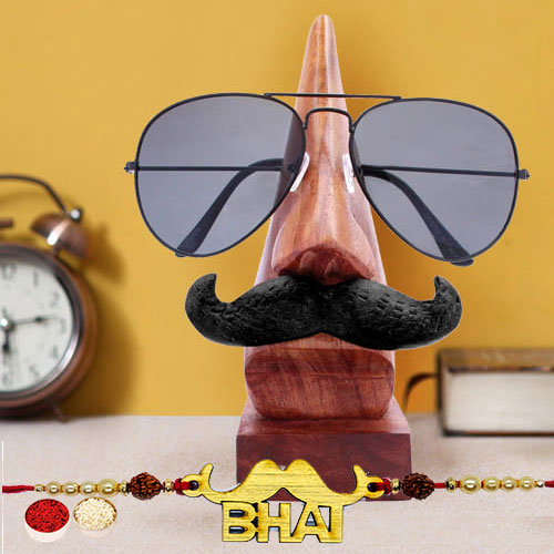 Rocking Bhai Rakhi with Wooden Nose Shaped Eyeglass Holder