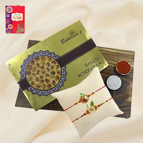 Irresistible Balaram Mullicks Baked Rasgulla with Ethnic Rakhi Pair