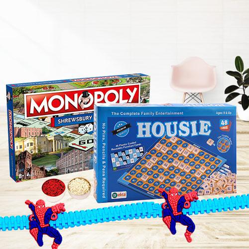 Two Indoor Board Games with Spiderman Rakhi