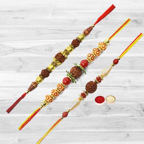 Remarkable Rakhi Special Gift of Three Rudraksha Rakhi with free Roli Tika and Chawal