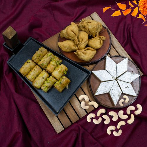 Irresistible Haldiram Kaju Barfi n Mini Samosa with Roll Baklawa