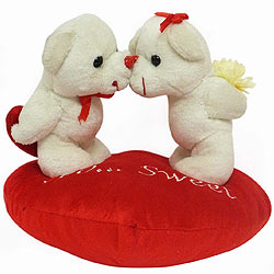 Wonderful Kissing Couple Teddy on Heart Shaped Cushion
