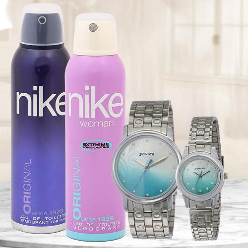 Wonderful Sonata Analog Couple Watch N Nike Dual Deo Set